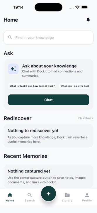 Dockit mobile app home screen showing capture, search, and knowledge actions